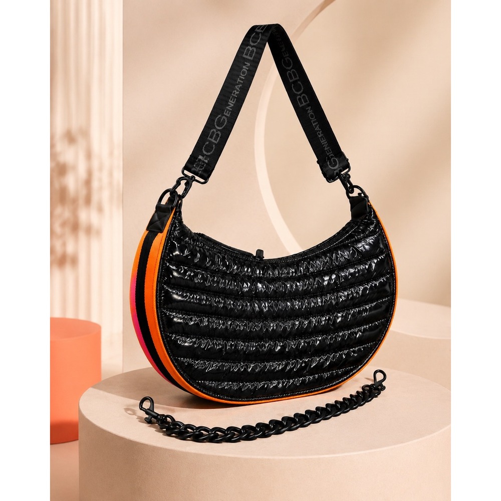 BCBGeneration Crossbody Bag Black Quilted Puffer Orange Trim Streetwear OS